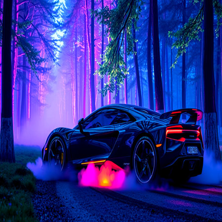 Black sport car with smoke on the road in the forest at nightの写真素材