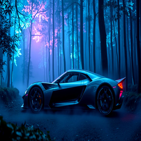 3D render of a sports car in the forest at night.の写真素材
