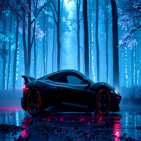 3D render of a black sports car in a foggy forestの写真素材