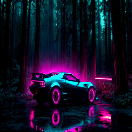 3D rendering of a sports car in a dark forest with fogの写真素材