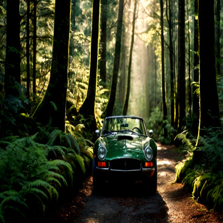 Vintage green car in the forest with sun rays and fog.の写真素材