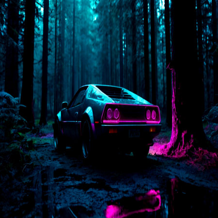 Car in the forest at night with neon lights. Car in the forest at night. Car in the forest at night. Car in the forestの写真素材