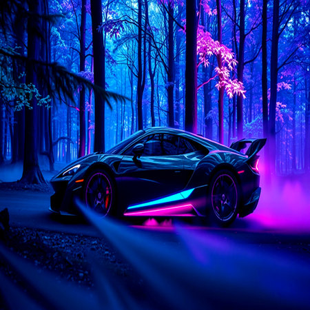 Futuristic black sports car in the forest. 3D renderingの写真素材