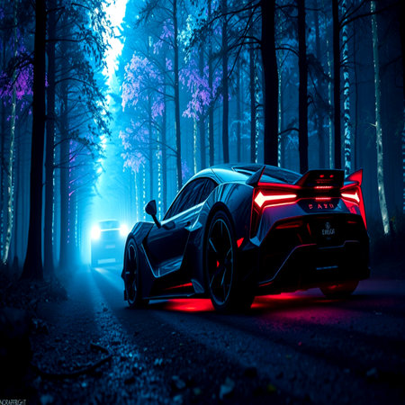 Car on the road in the forest at night. 3d renderingの写真素材