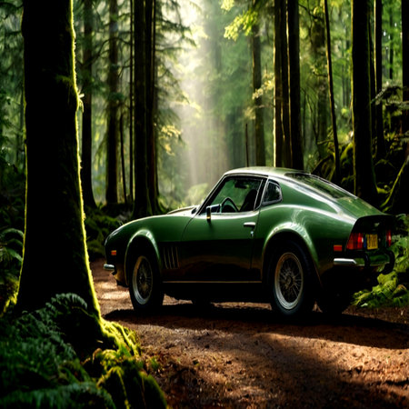 Classic car in the forest at sunrise. Retro car in the forest.の写真素材