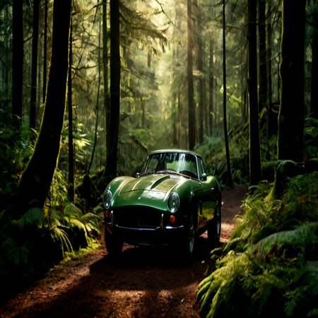 Green vintage car in the forest. Retro car in the forest.の写真素材