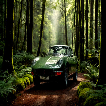 A green car in the forest.の写真素材