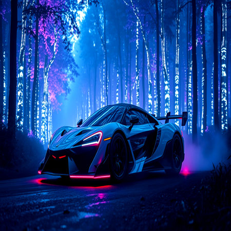 sport car on the road in the forest at night with neon lightsの写真素材