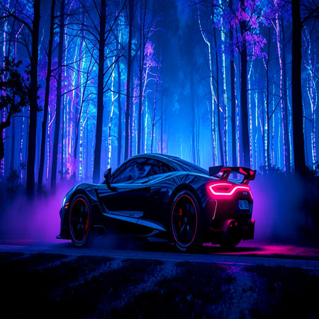 Black sports car in the forest at night. 3D rendering.の写真素材