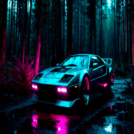 sport car on the road in the dark forest with red lightsの写真素材