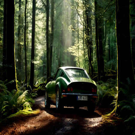 Green vintage car in the forest at sunset. Retro car in the forestの写真素材