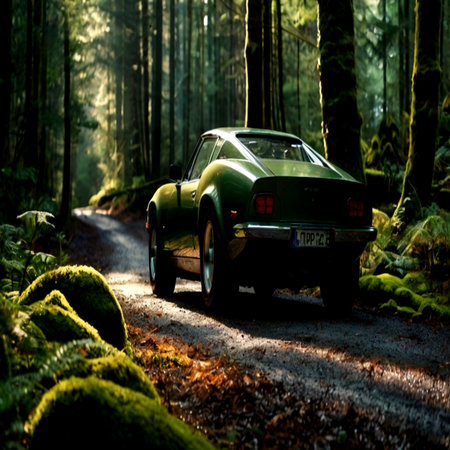 Vintage car in the forestの写真素材