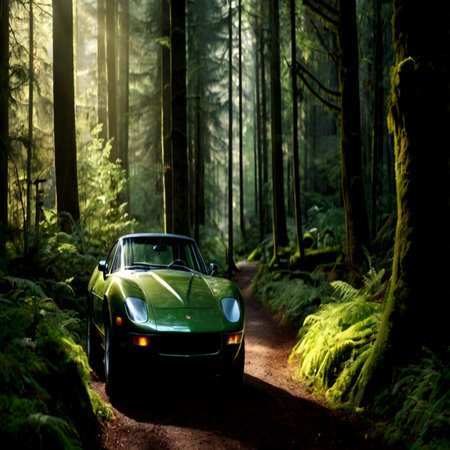 Green vintage car in the forest at sunset. Retro car in the woods.の写真素材