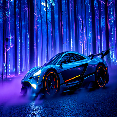 3D rendering of a brand-less generic concept car in a forestの写真素材
