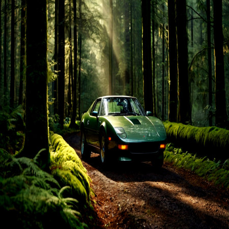 Green retro car in the forest at sunset. Car in the nature.の写真素材