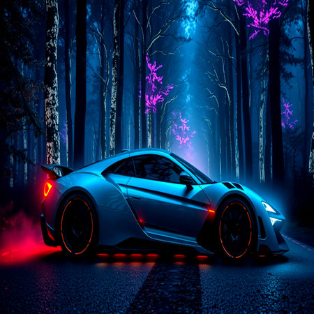 3D rendering of a sports car in a dark forest with fogの写真素材