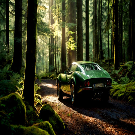 Old car on a forest road.の写真素材