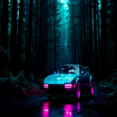 Night shot of a sports car on the road in the forest.