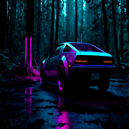 Car on the road in the forest at night. Car on the road in the forest at nightの写真素材