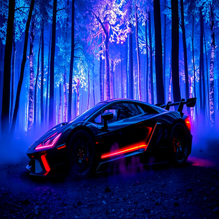 Futuristic black sports car in the dark forest. 3D renderingの写真素材