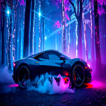 Black sport car in the forest with neon lights. 3d renderingの写真素材