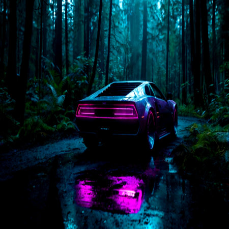 Car on wet road in dark forest at night. Car on wet road. Car on wet road. Car on wet road.の写真素材