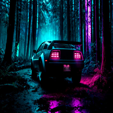 Car on the road in the forest at night. Car on the road in the forest at night. Car on the road in the forest at night. Car on the road in the forest. Car on the road.の写真素材