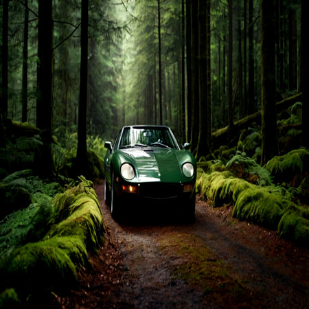 Green vintage car in the forest at night. Road trip concept.の写真素材