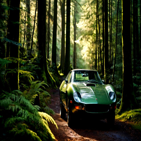 Green sports car in the forest. Car in the forest at sunset.の写真素材