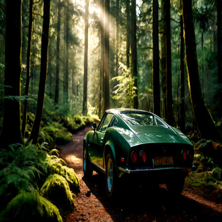Beautiful green vintage car in the forest. Retro car at sunset.の写真素材