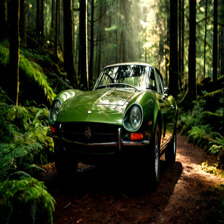Classic green car in the forest. Retro car in the forest.の写真素材