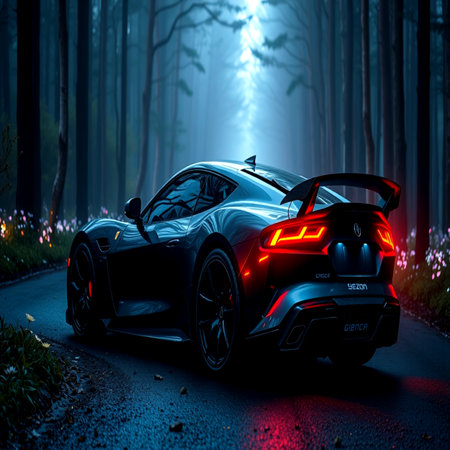 3D rendering of a black sports car in the dark forest.の写真素材