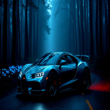3D render of a blue sports car in a dark forest.