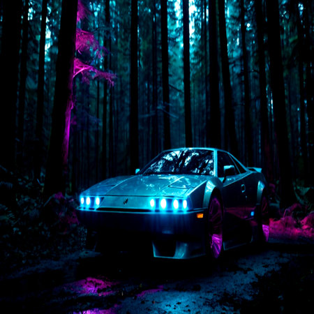 The car in the forest at night. Car in the forest at nightの写真素材