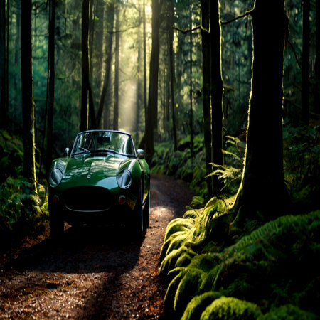 Green vintage sports car on a dirt road in a green forest.の写真素材