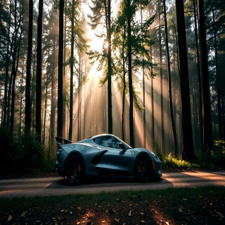 Beautiful sport car in the forest with sun rays on the backgroundの写真素材