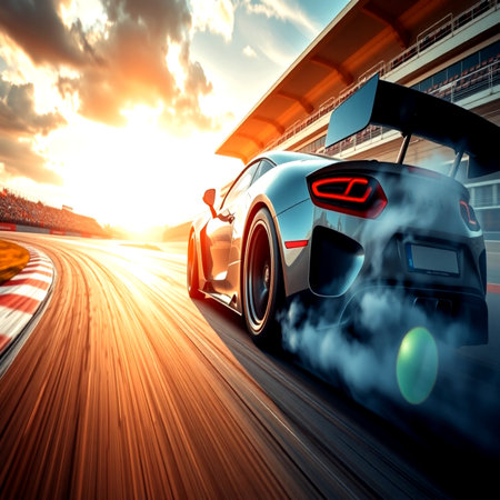 Sports car on the race track at sunset. 3D rendering.