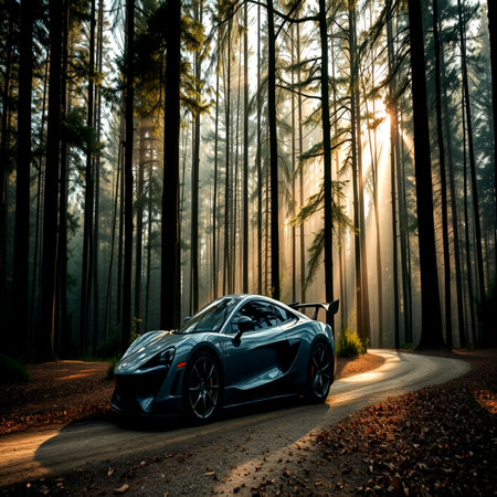 3D render of a sports car in a dark forest with fogの写真素材