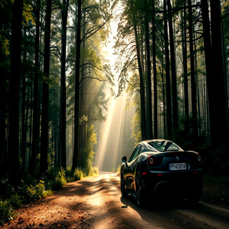 Black sports car in the forest.の写真素材