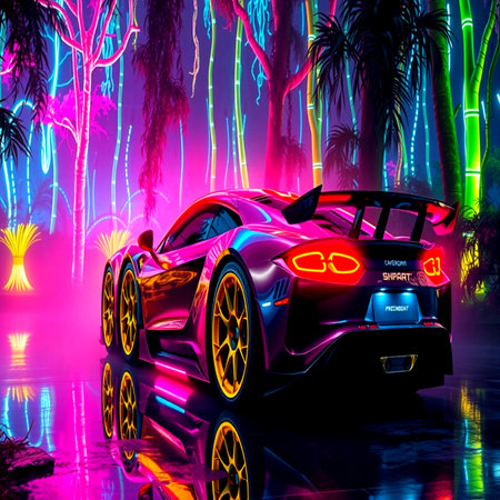 3D rendering of a futuristic car with neon lights on the backgroundの写真素材