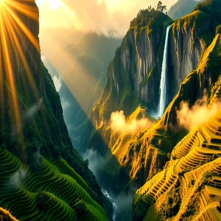 Terraced rice field with waterfalls at sunset in Vietnam.の写真素材