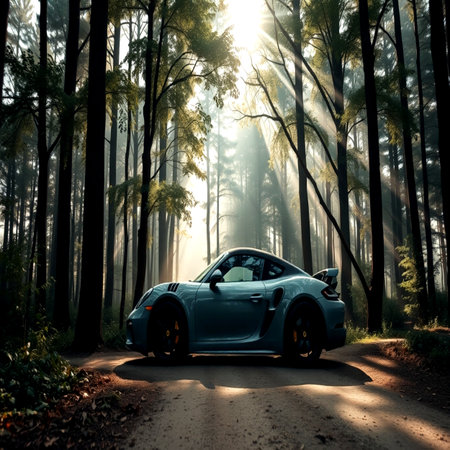 Beautiful car on the road in the misty forest at dawnの写真素材
