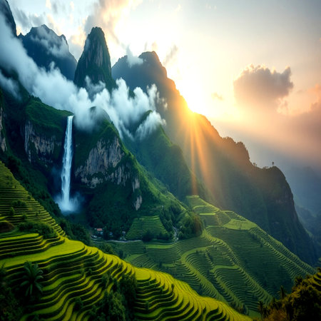 Terraced rice field landscape at sunset in Guilin, Chinaの写真素材