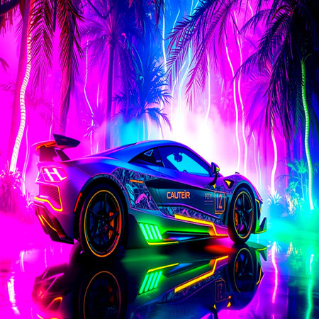 Sci-fi futuristic car on the background of neon lights.の写真素材