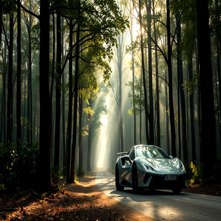 A car in the forest on a foggy morningの写真素材