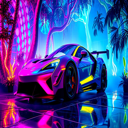 3D rendering of a sports car in neon light. 3D illustration.の写真素材