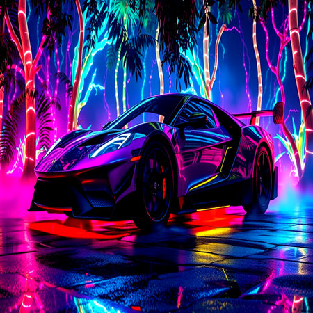 3D rendering of a brand-less generic concept car in neon lightの写真素材