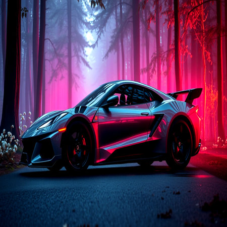 3D rendering of a brand-less generic concept car in the forestの写真素材