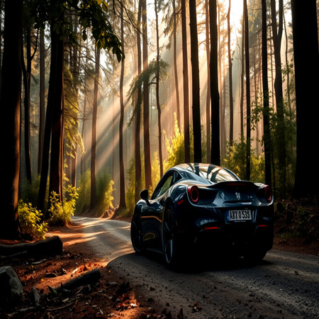 car at sunset in the forest.の写真素材