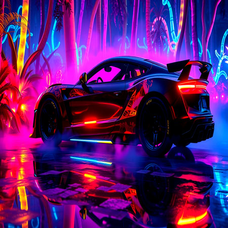 3D rendering of a sports car in neon light on a dark backgroundの写真素材